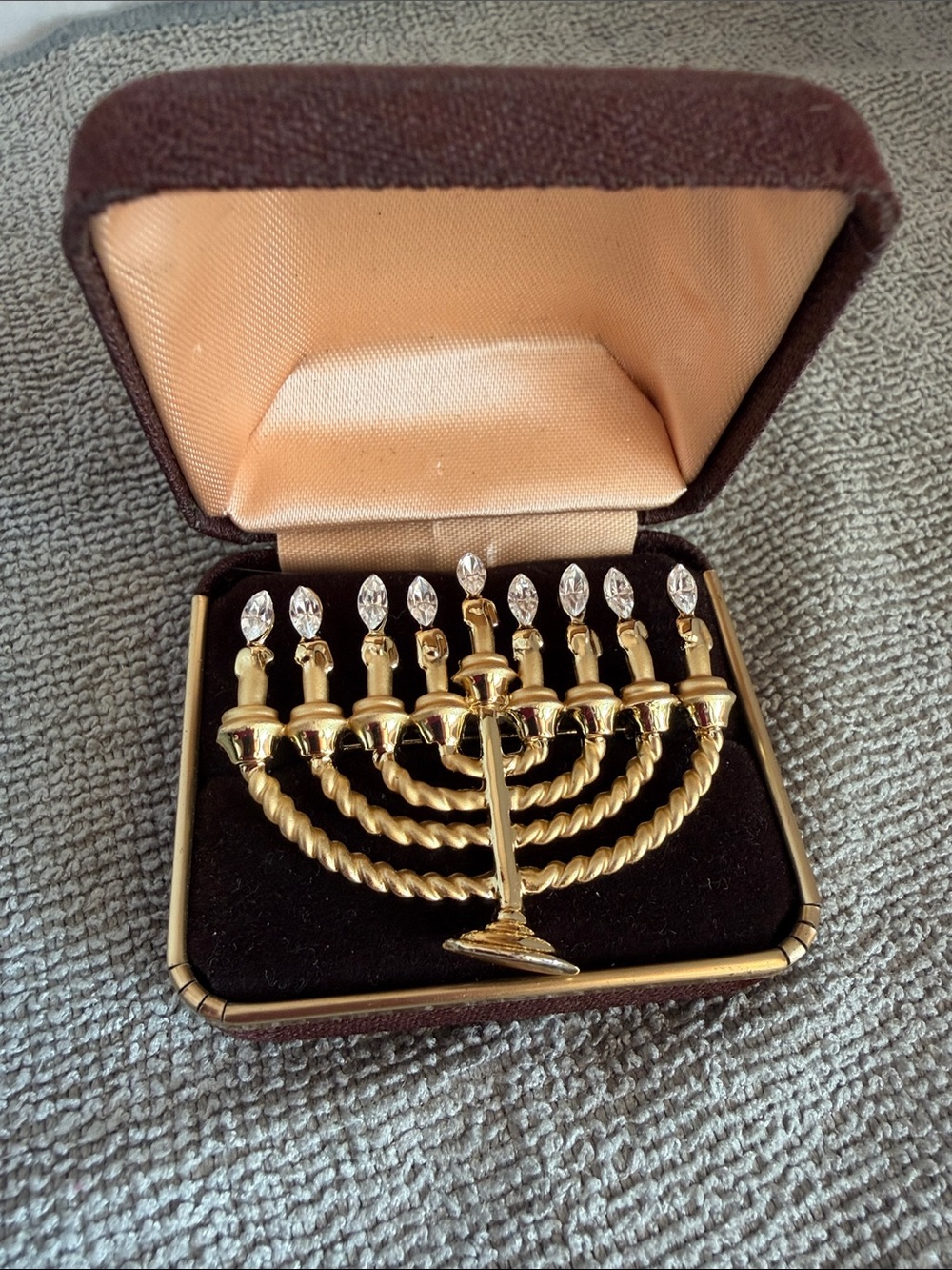 Vintage Gold Menorah Hanukkah Brooch Pin with Crystals & Velvet Box